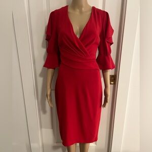 Talbot Runhof red draped dress with ruffle sleeve